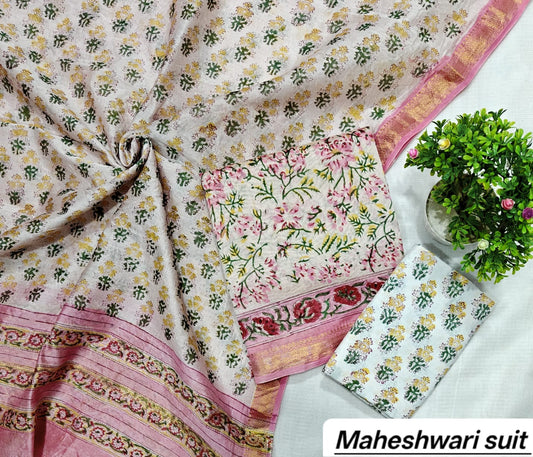 Pink & Green Floral Vine Motif Handblock Printed Pure Maheshwari Silk Unstitched Suit Set with Dupatta