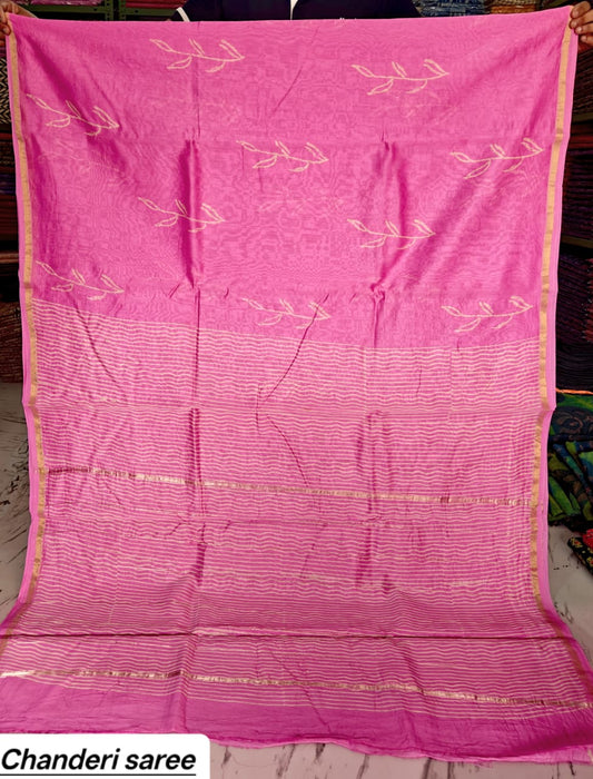 Pink & Maroon Border Chanderi Bagru Handblock Printed Silk Cotton Saree With Blouse