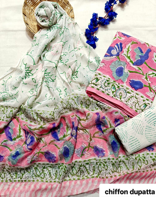 Pink and Green Jaal Traditional Handblock Cotton Suit Set with Chiffon Dupatta