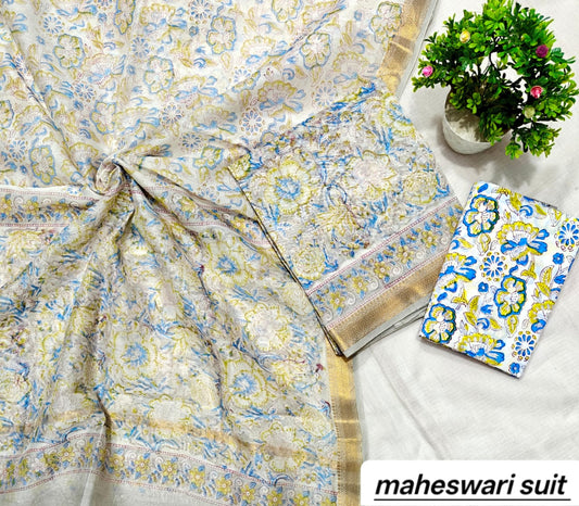 Powder Blue and Cream Floral Vine Handblock Printed Pure Maheshwari Silk Suit Set with Zari Border