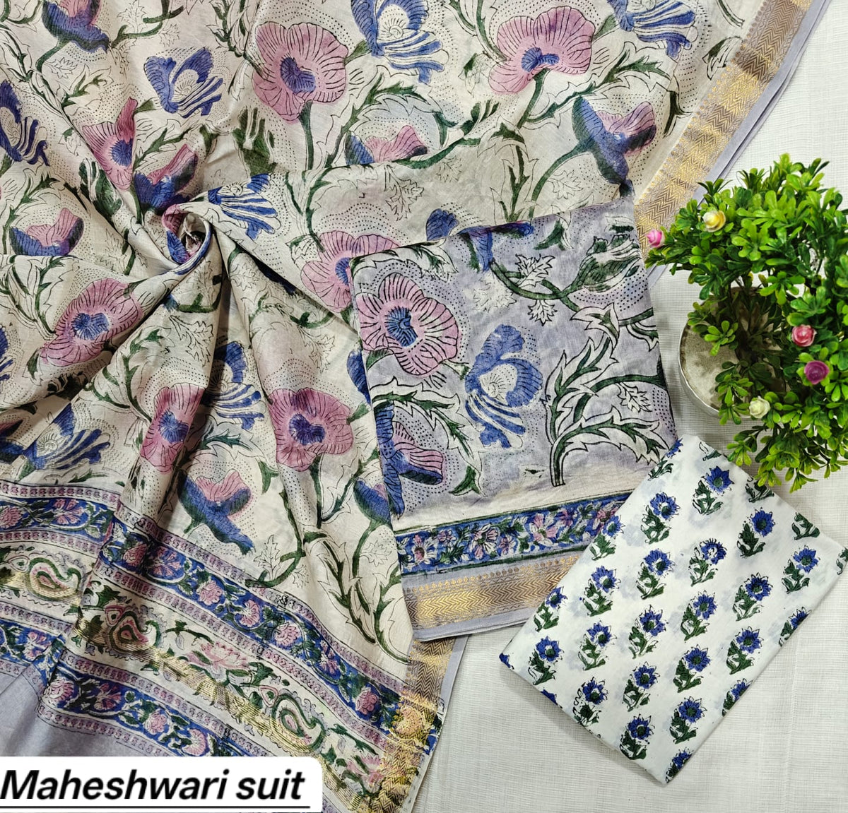 Purple & Green Floral Block Print Handblock Printed Pure Maheshwari Silk Unstitched Suit Set with Dupatta