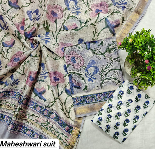 Purple & Green Floral Block Print Handblock Printed Pure Maheshwari Silk Unstitched Suit Set with Dupatta