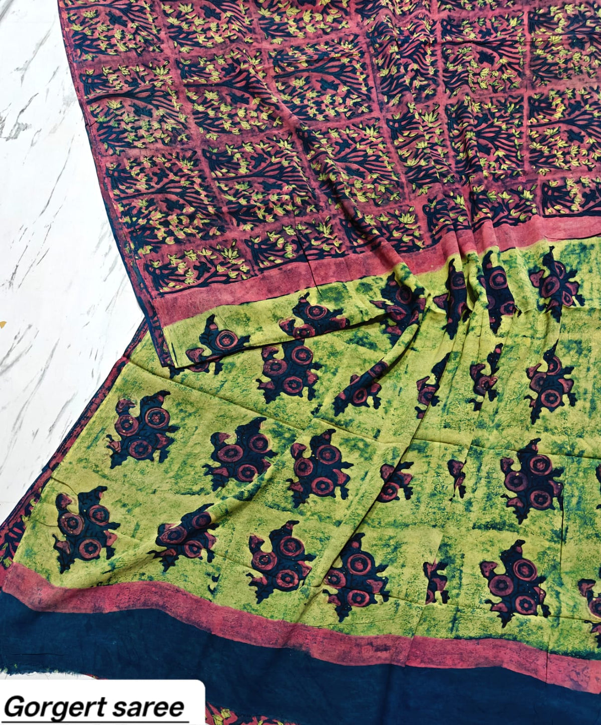 Purple & Green Floral Handblock Printed Georgette Saree