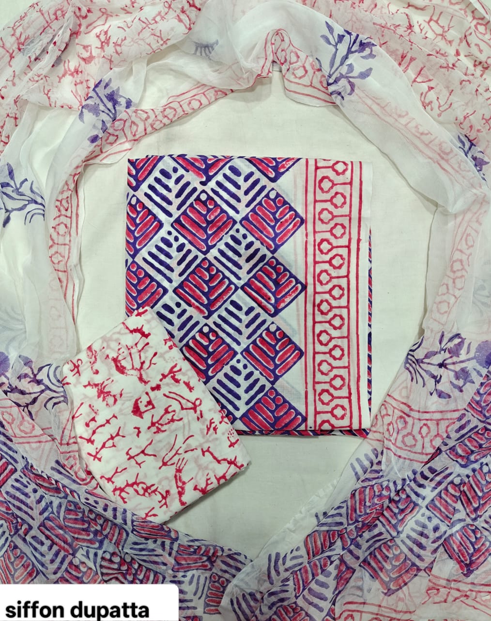 Purple and White Geometric Traditional Handblock Cotton Suit Set with Chiffon Dupatta