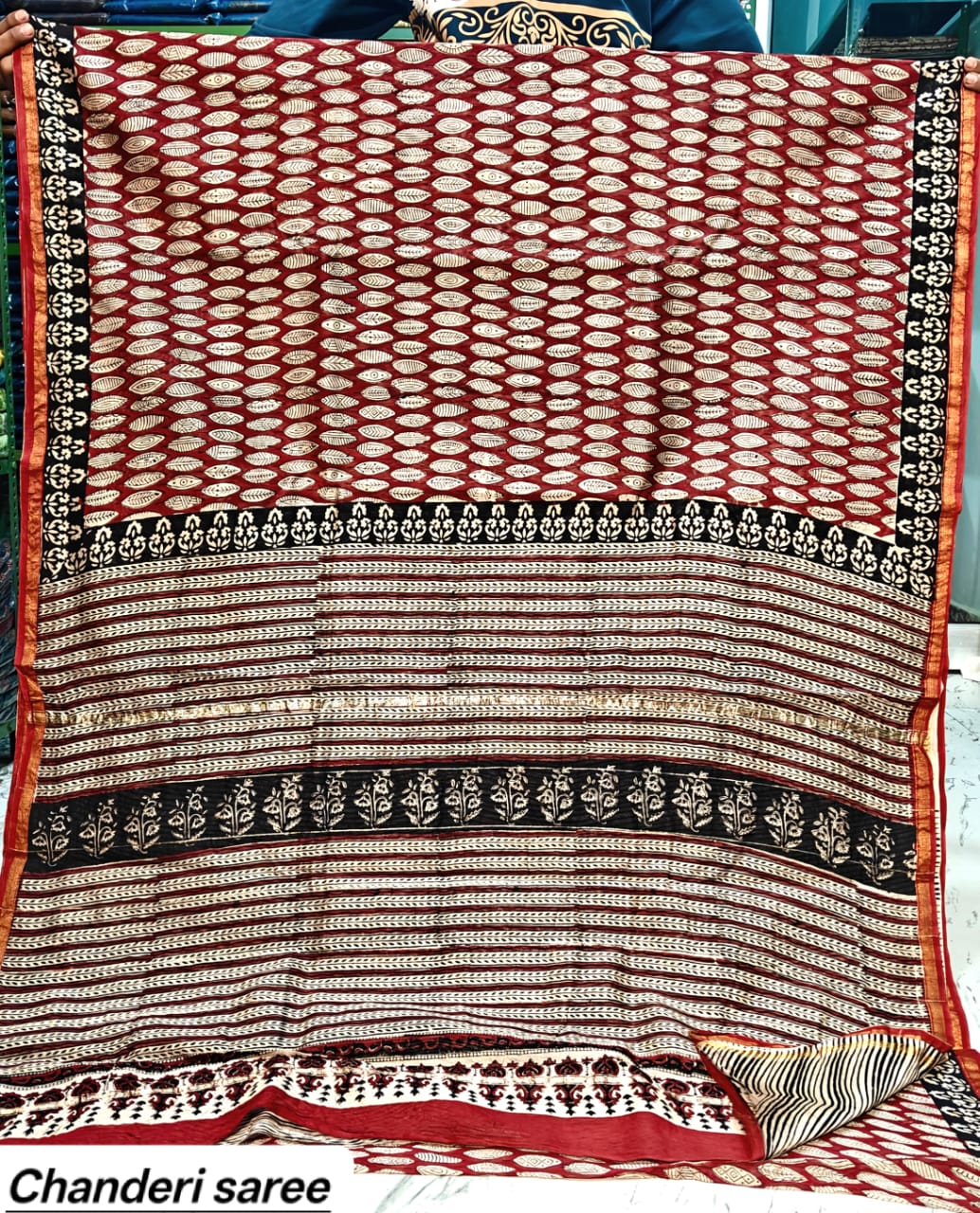 Red & Black Checkered Chanderi Bagru Handblock Printed Silk Saree With Blouse