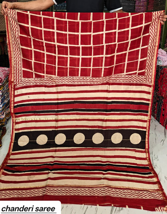 Red & Black Geometric Border Chanderi Bagru Handblock Printed Silk Cotton Saree With Blouse