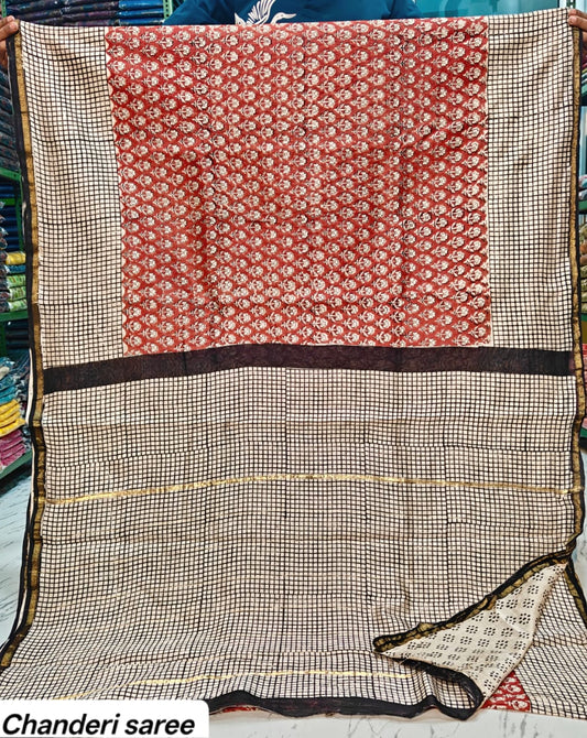 Red & Black Geometric Border Chanderi Bagru Handblock Printed Silk Saree With Blouse