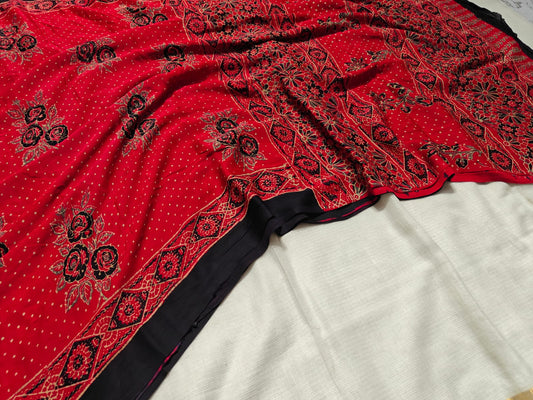 Red & Black Geometric Handblock Print Pure Modal Silk Ajrakh Saree