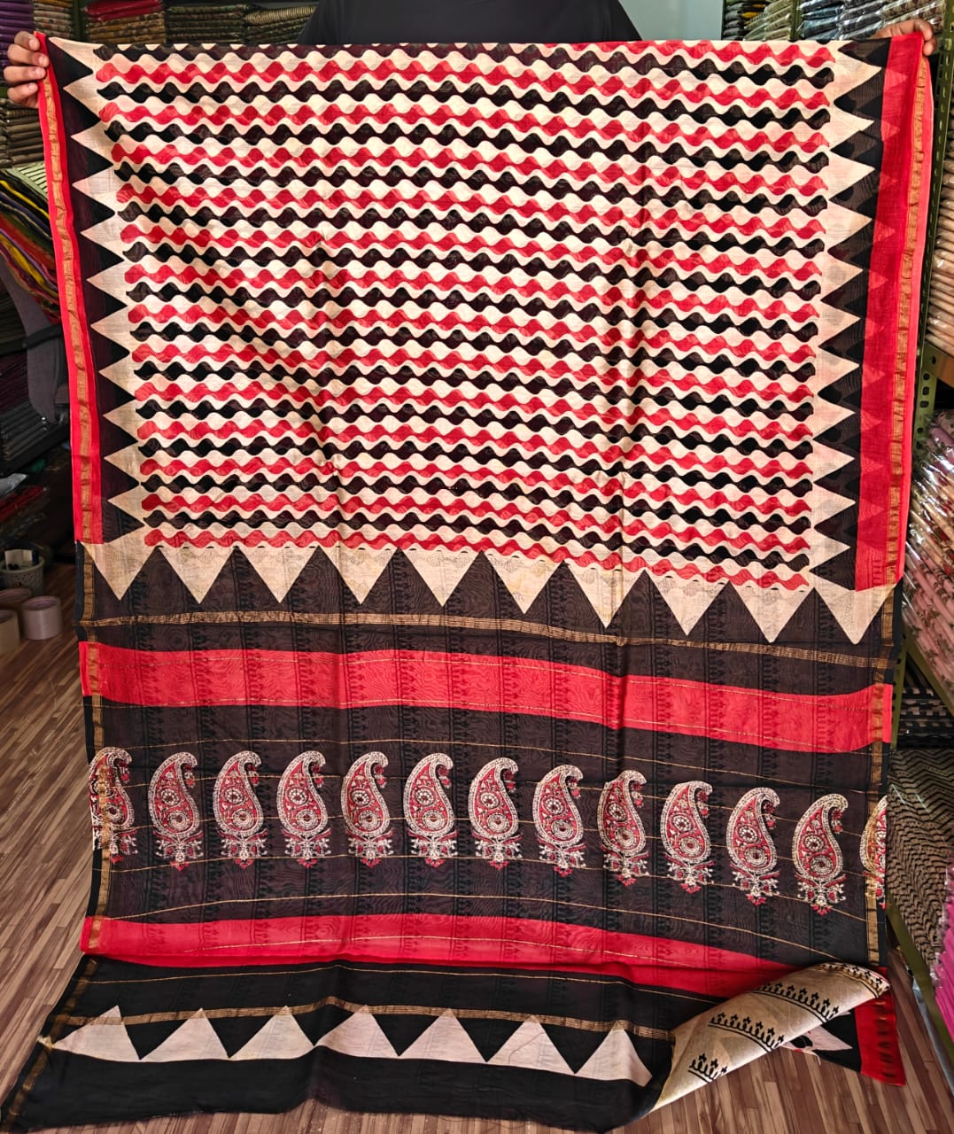 Red & Black Geometric Zigzag Chanderi Bagru Handblock Printed Silk Cotton Saree With Blouse