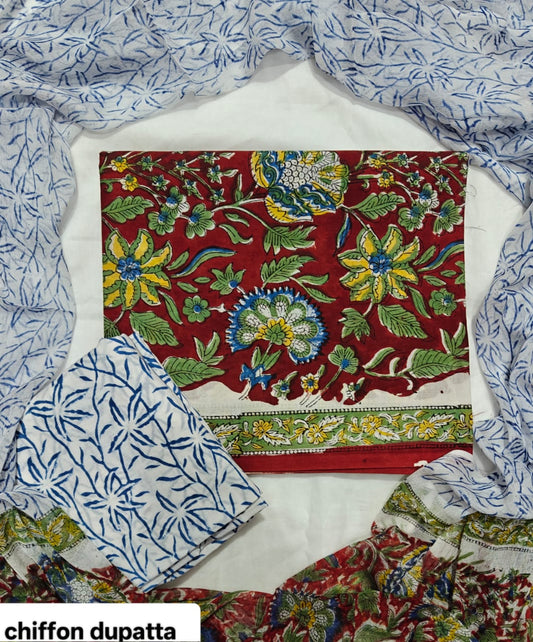 Red and Blue Floral Traditional Handblock Cotton Suit Set with Chiffon Dupatta