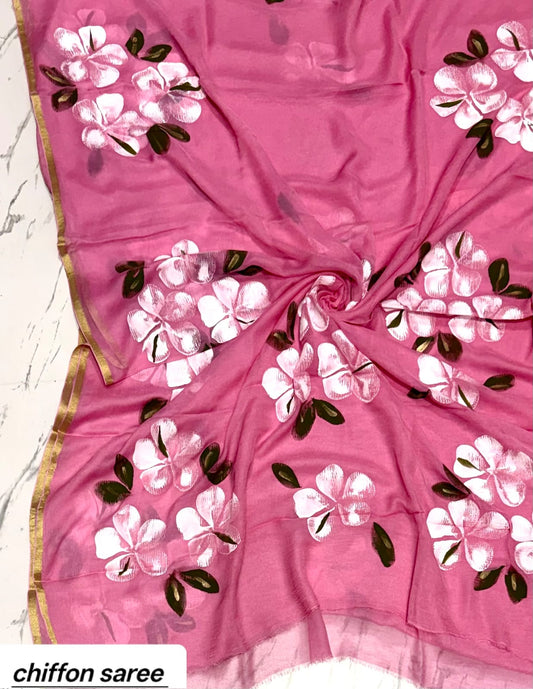 Rose Pink Large Floral Motif Pure Hand Block Printed Double Diamond Chiffon Saree