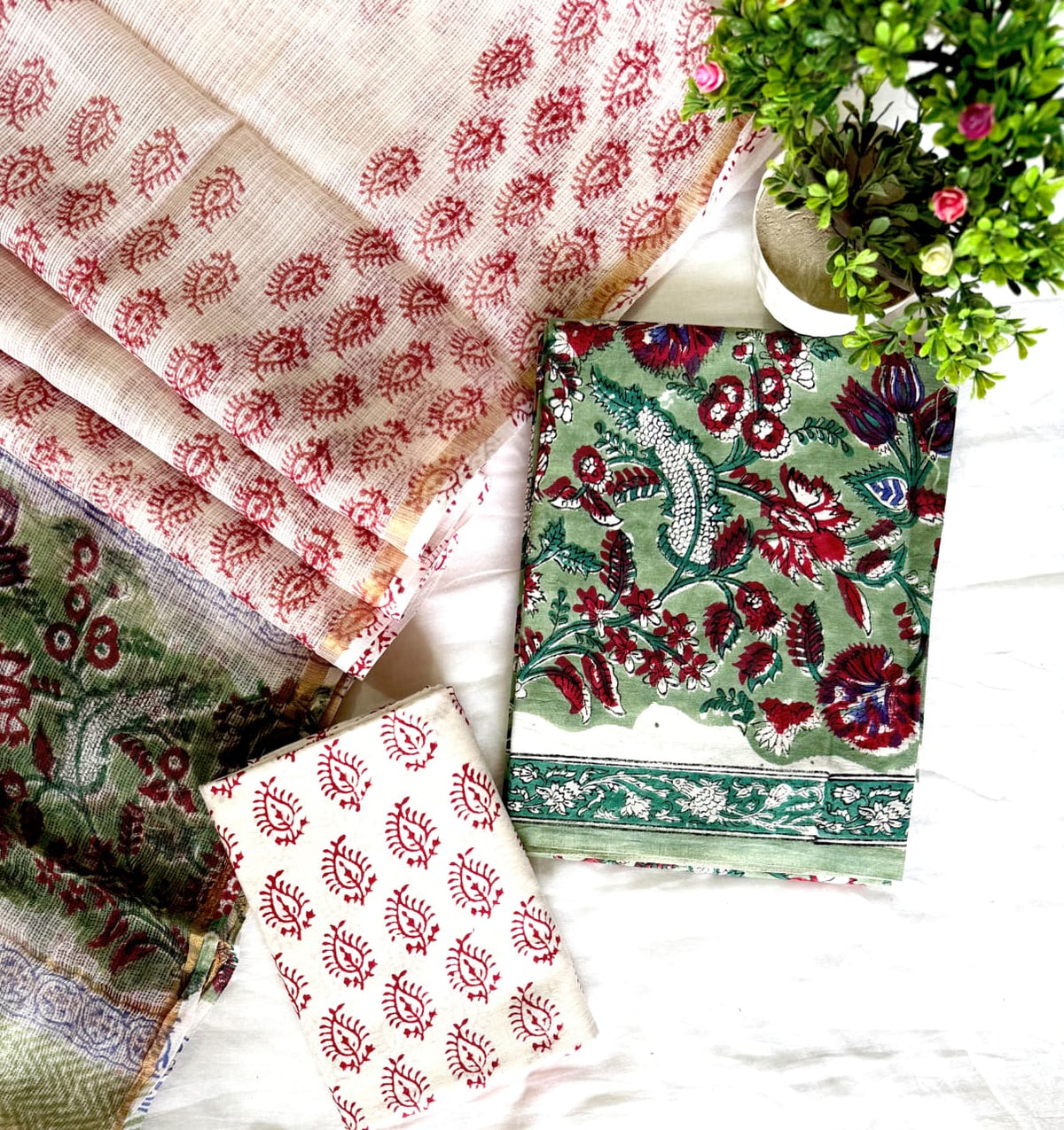 Rose Pink and Mint Green Floral Traditional Cotton Suit Set with Kota Doria Dupatta (Handblock Printed)