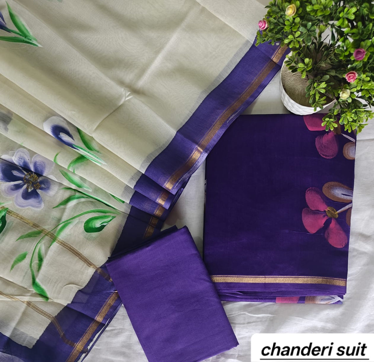 Royal Purple Floral Motif Handblock Printed Pure Chanderi Silk Unstitched Suit Set