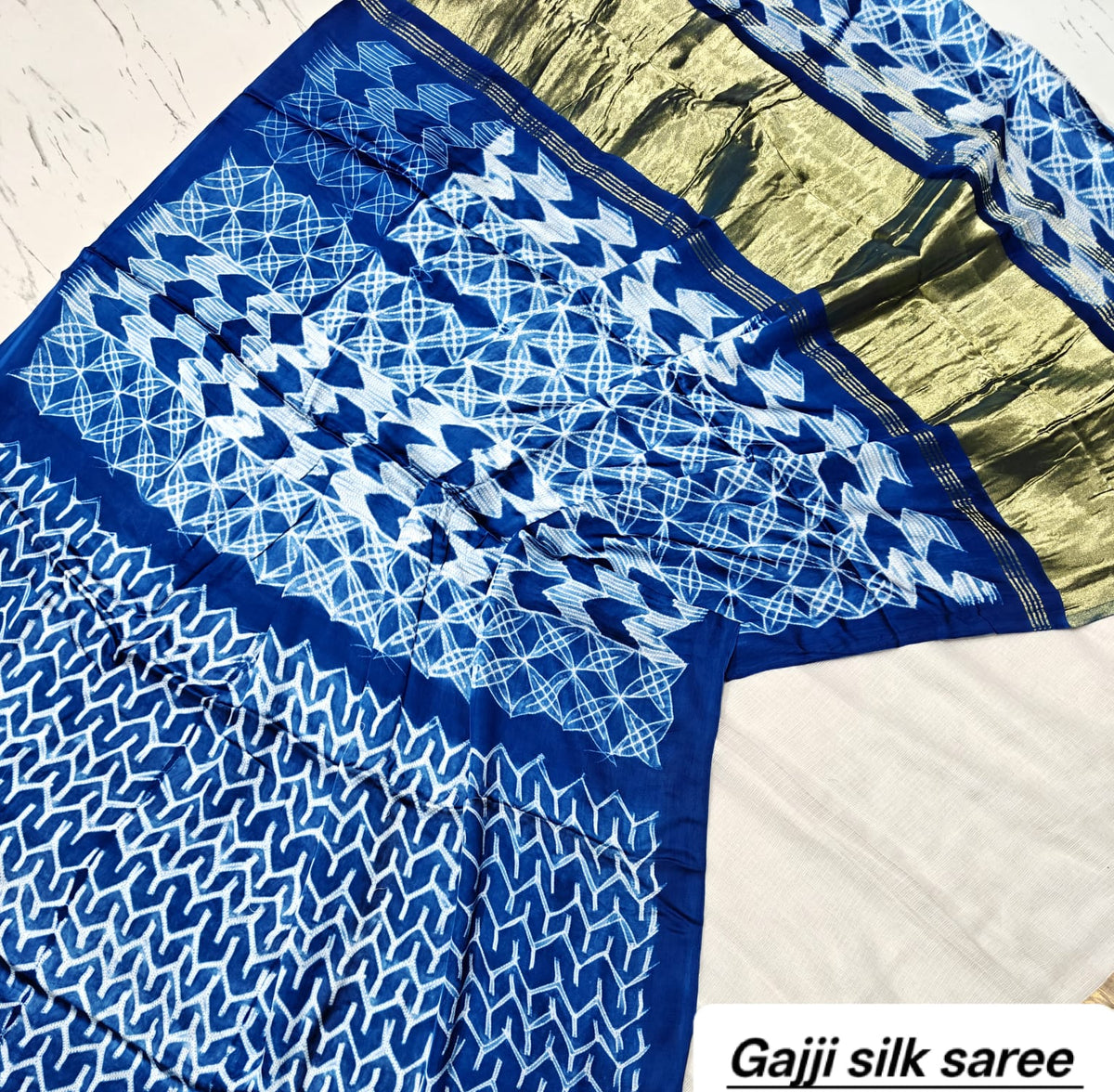 Royal Blue Bandhani Ajrakh Handblock Saree in Pure Gajji Silk