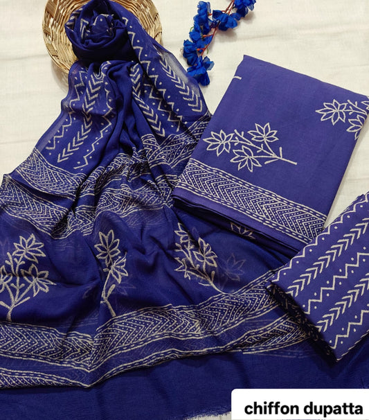 Royal Blue Classic Traditional Handblock Cotton Suit Set with Chiffon Dupatta