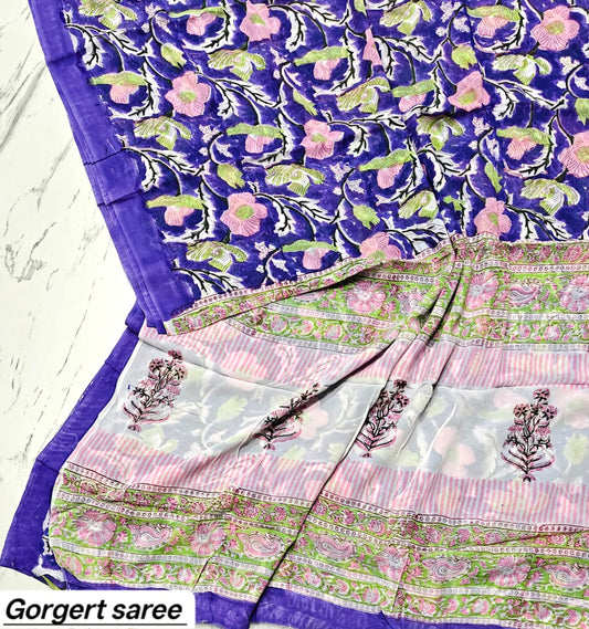 Royal Blue Floral Handblock Printed Georgette Saree