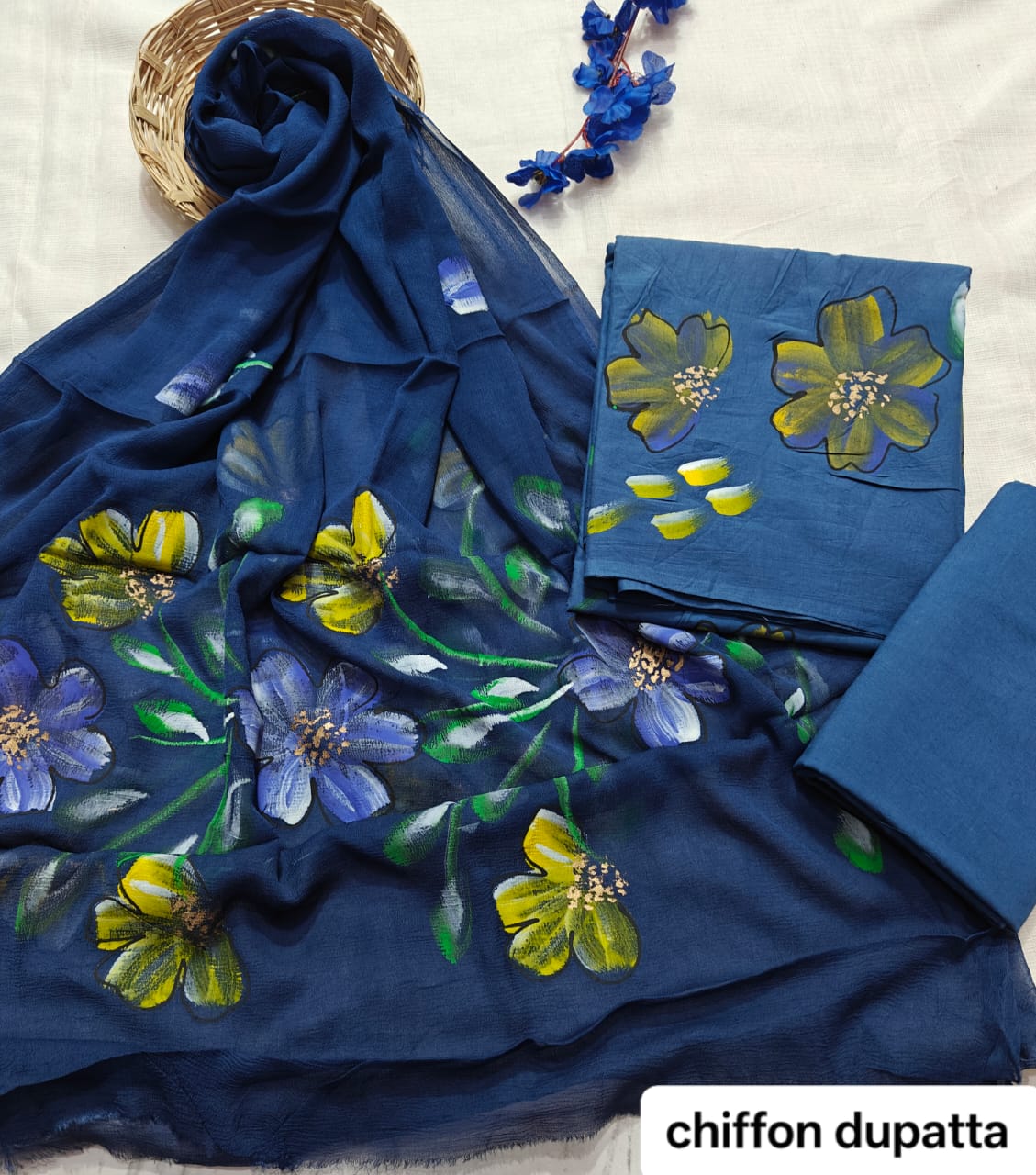 Royal Blue Floral Painted Traditional Handblock Cotton Suit Set with Chiffon Dupatta