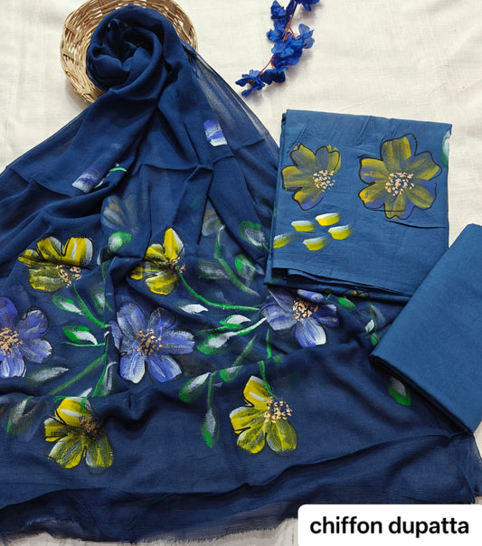 Royal Blue Floral Painted Traditional Handblock Cotton Suit Set with Chiffon Dupatta