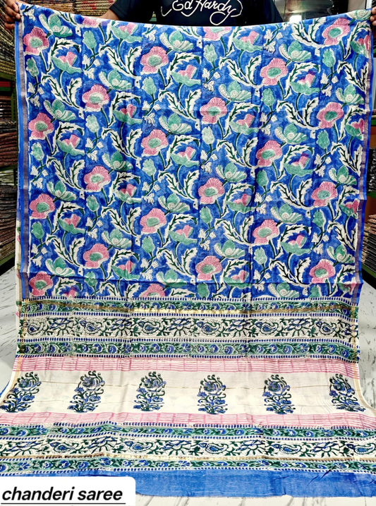 Royal Blue Floral Vine Chanderi Bagru Handblock Printed Silk Cotton Saree With Blouse
