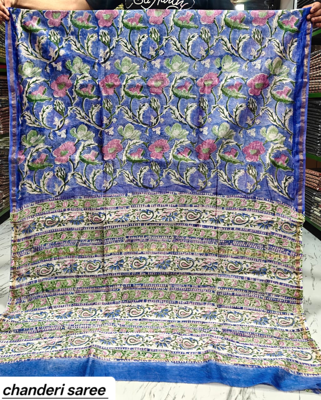 Royal Blue & Green Floral Vine Chanderi Bagru Handblock Printed Silk Cotton Saree With Blouse