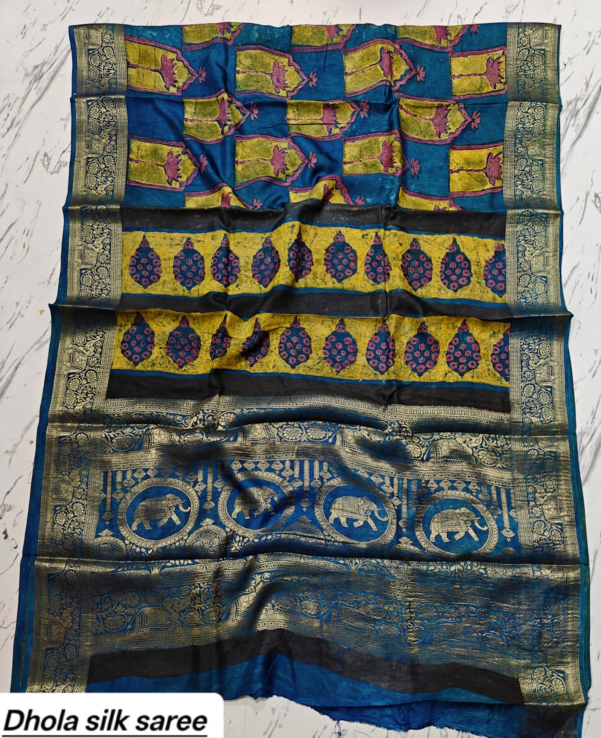 Royal Blue & Mustard Yellow Checkered Pure Dola Silk Ajrakh Handblock Printed Saree