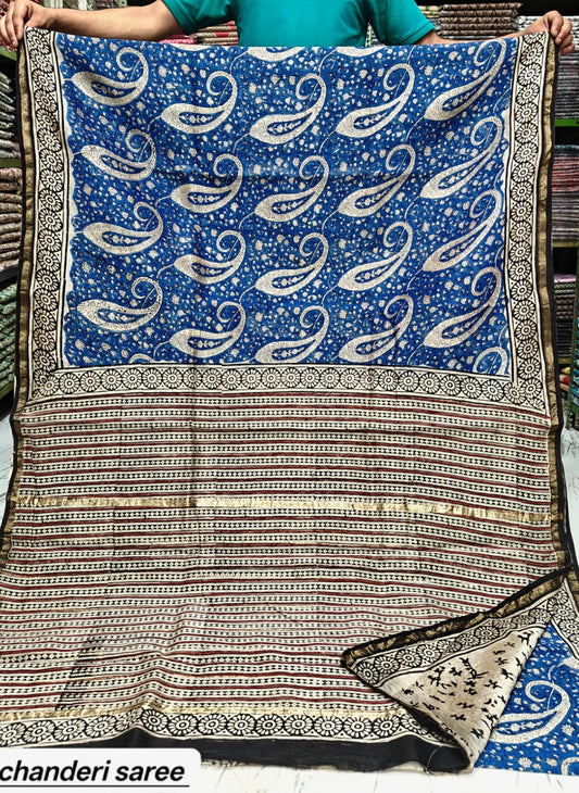 Royal Blue Paisley Motif Chanderi Bagru Handblock Printed Silk Saree With Blouse