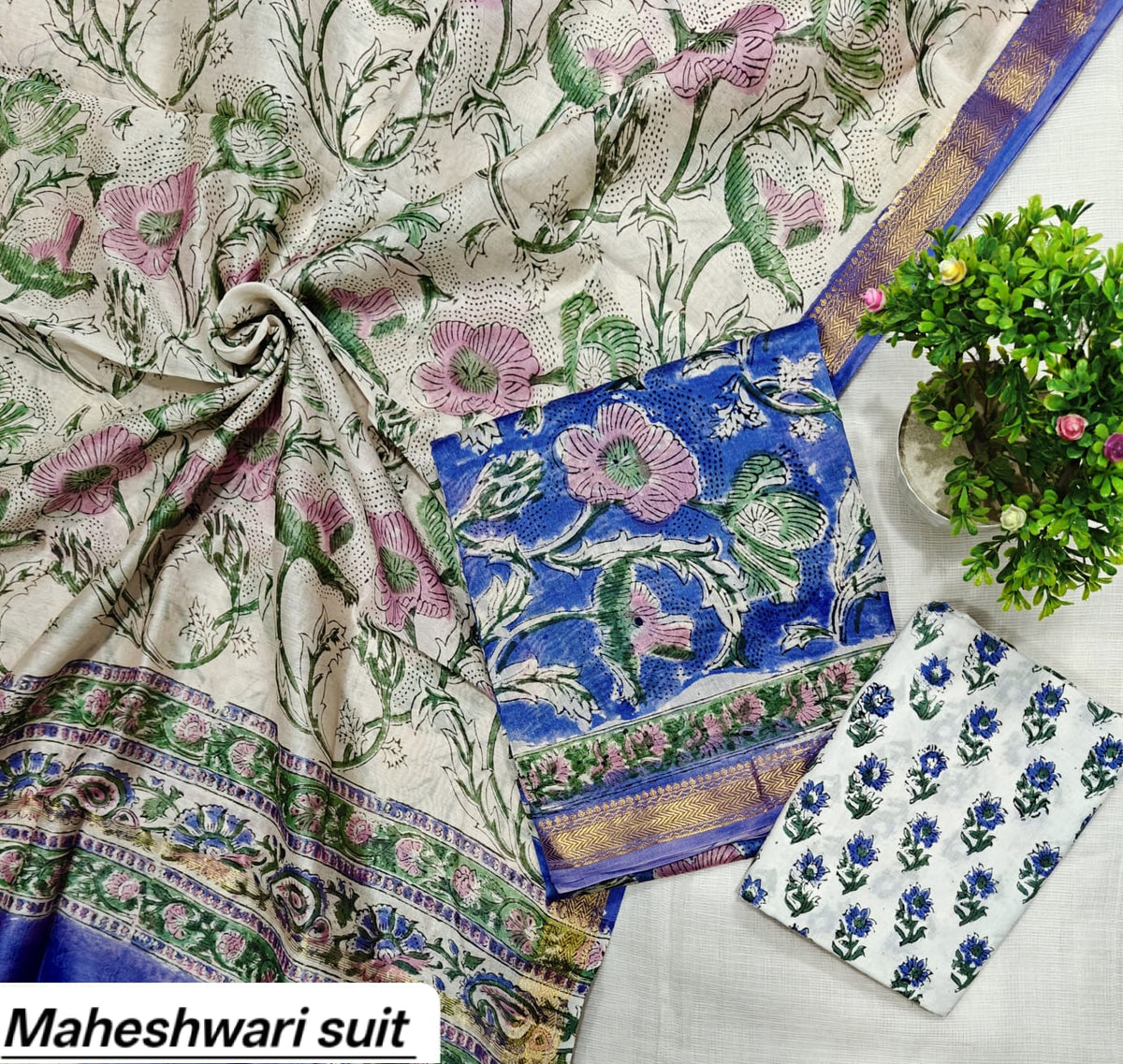 Royal Blue & Pink Floral Motif Handblock Printed Pure Maheshwari Silk Unstitched Suit Set with Dupatta