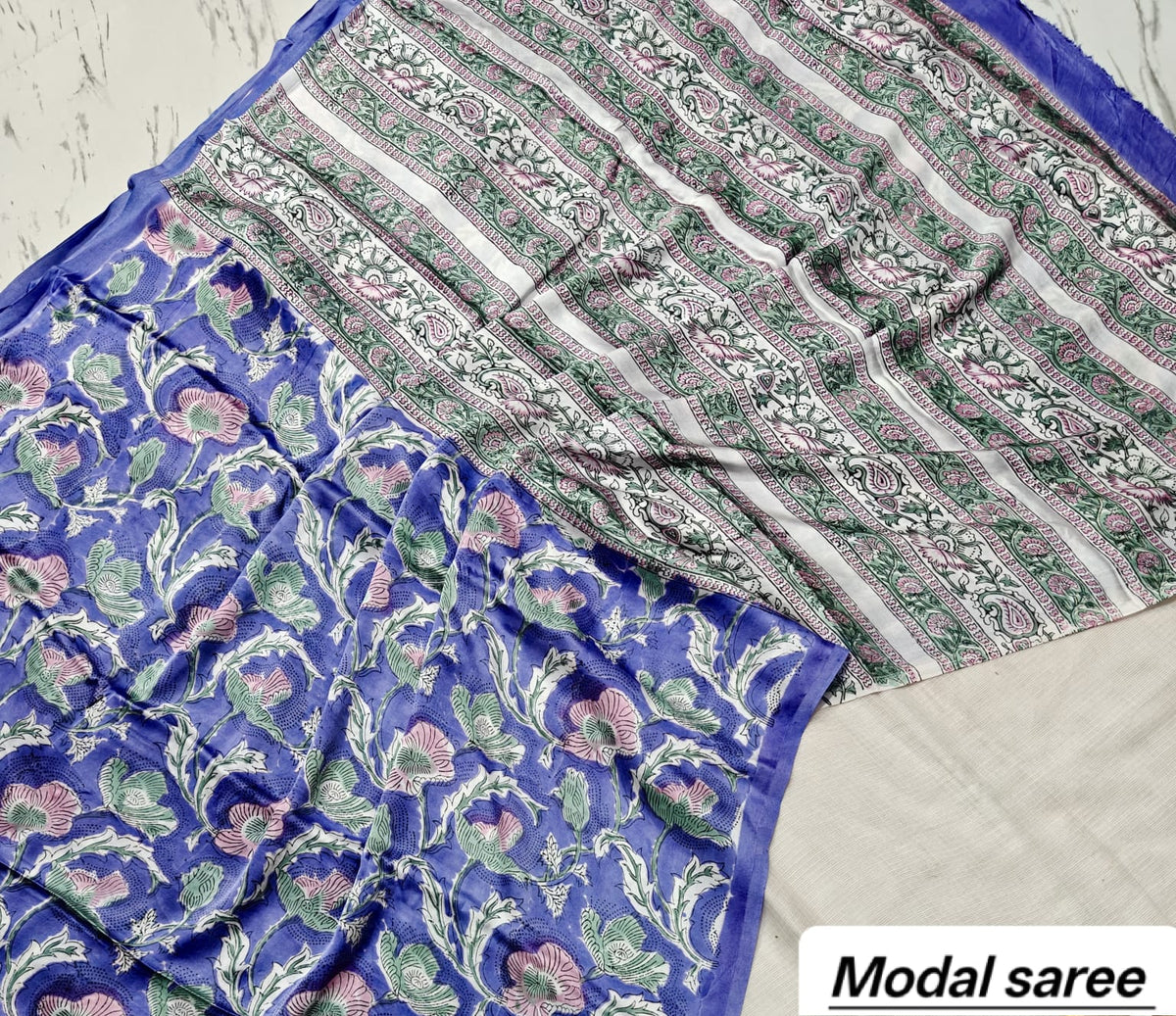 Royal Blue & White Geometric Handblock Print Pure Modal Silk Ajrakh Saree