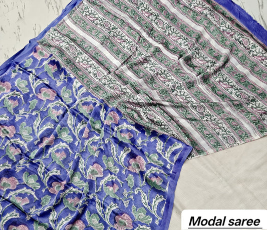 Royal Blue & White Geometric Handblock Print Pure Modal Silk Ajrakh Saree