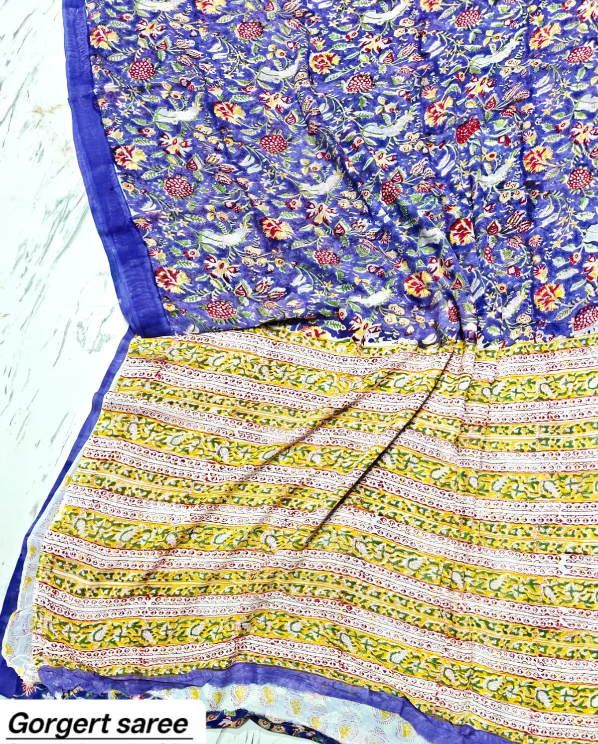 Royal Blue & Yellow Floral Handblock Printed Georgette Saree