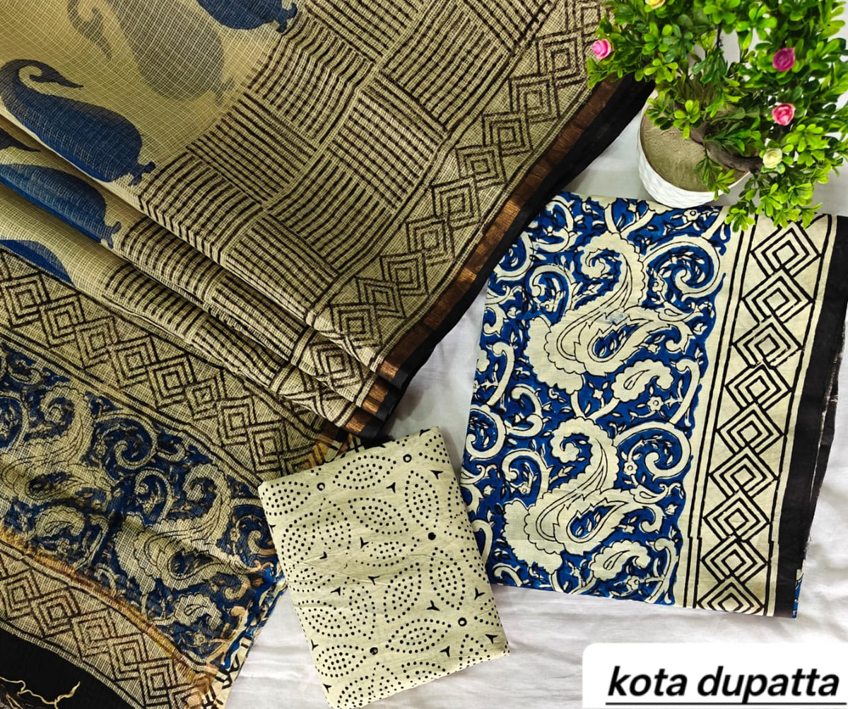 Royal Blue and Cream Floral Print Traditional Cotton Suit Set with Kota Doria Dupatta (Handblock Printed)