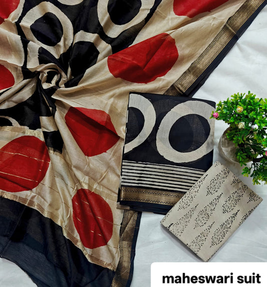 Ruby Red Black and Cream Abstract Shapes Handblock Printed Pure Maheshwari Silk Suit Set with Zari Border