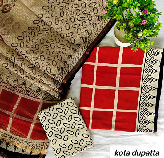 Ruby Red and Black Check Pattern Traditional Cotton Suit Set with Kota Doria Dupatta (Handblock Printed)