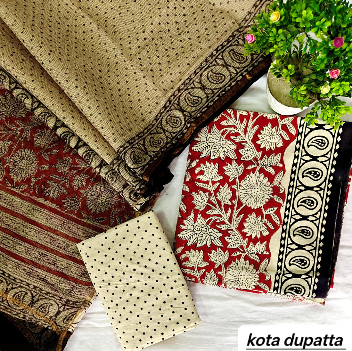 Ruby Red and Cream Abstract Block Traditional Cotton Suit Set with Kota Doria Dupatta (Handblock Printed)