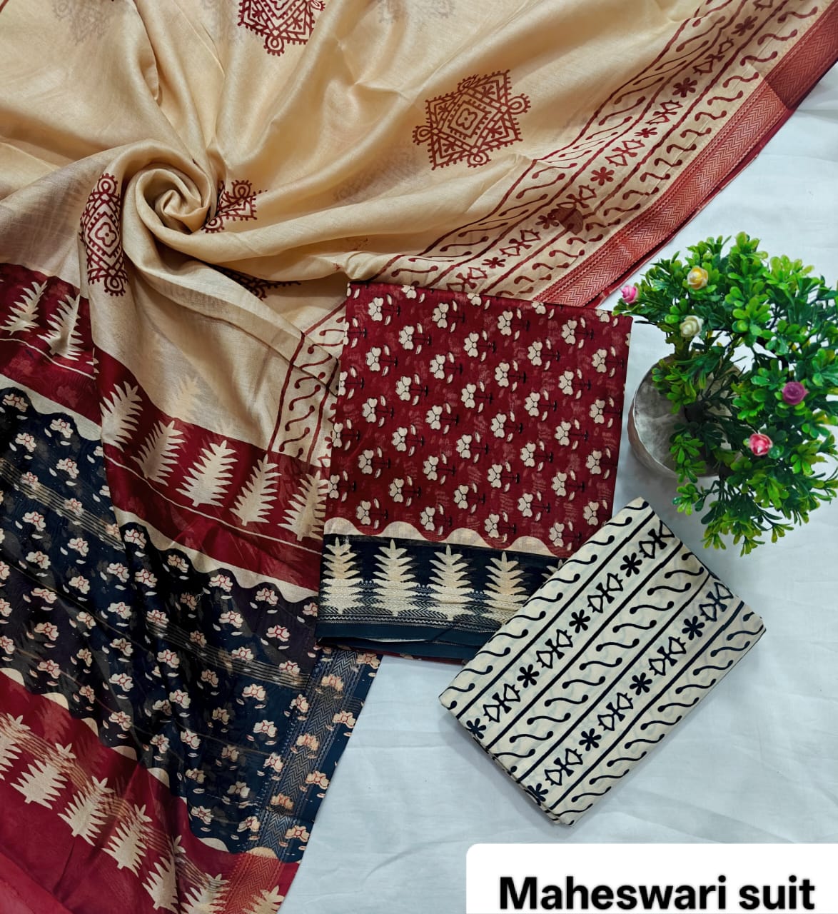 Ruby Red and Cream Geometric Check Handblock Printed Pure Maheshwari Silk Suit Set with Zari Border
