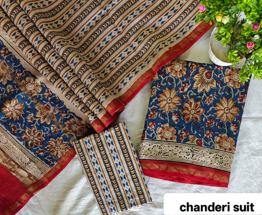 Rust Red and Indigo Floral Motif Handblock Printed Pure Chanderi Silk Unstitched Suit Set