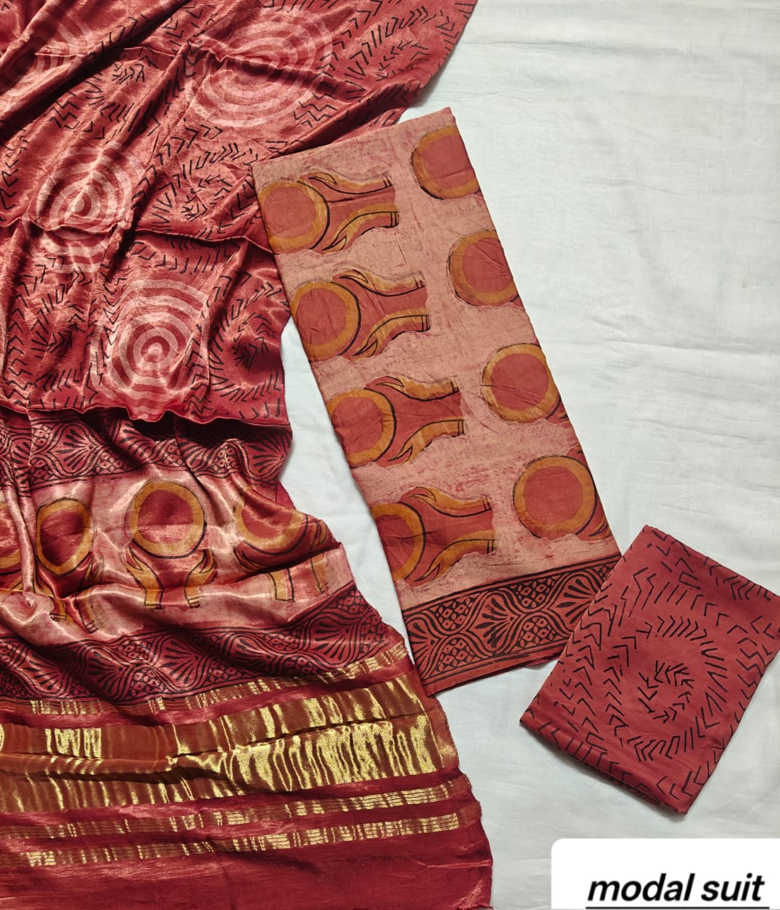 Rust & Beige Floral Premium Pomegranate Printed Modal Silk Handblock Unstitched Suit Material