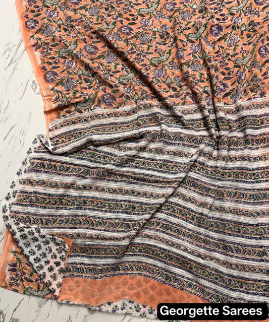 Rust Orange Geometric Handblock Printed Georgette Saree