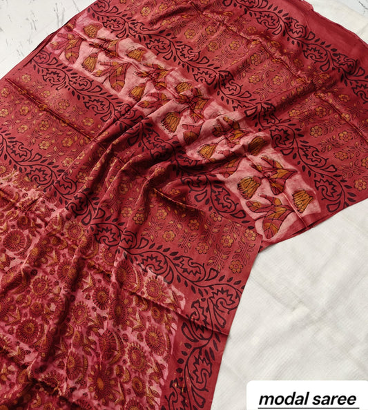 Rust Red & Beige Abstract Handblock Print Pure Modal Silk Ajrakh Saree