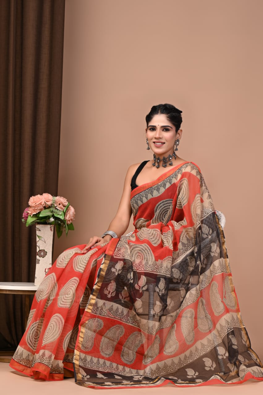 Rust Red & Black Abstract Hand Block Printed Kota Doria Cotton Saree