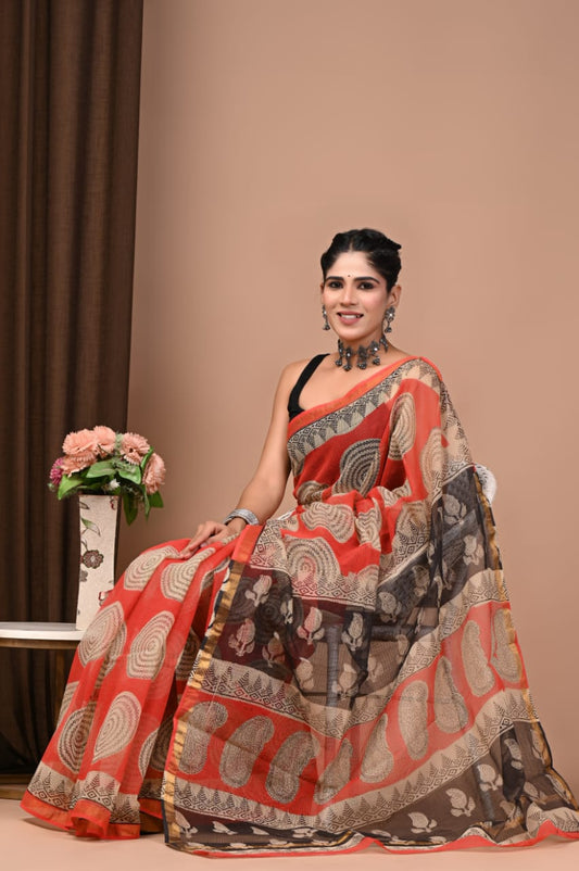 Rust Red & Black Abstract Hand Block Printed Kota Doria Cotton Saree