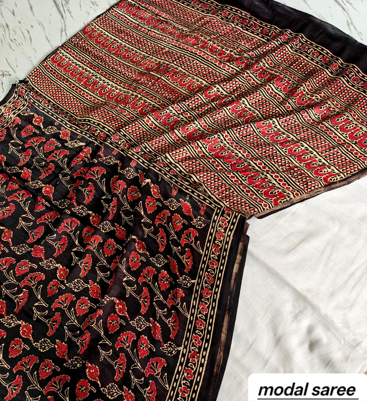 Rust Red & Black Chevron Handblock Print Pure Modal Silk Ajrakh Saree