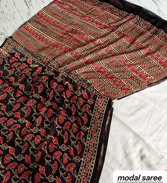 Rust Red & Black Chevron Handblock Print Pure Modal Silk Ajrakh Saree