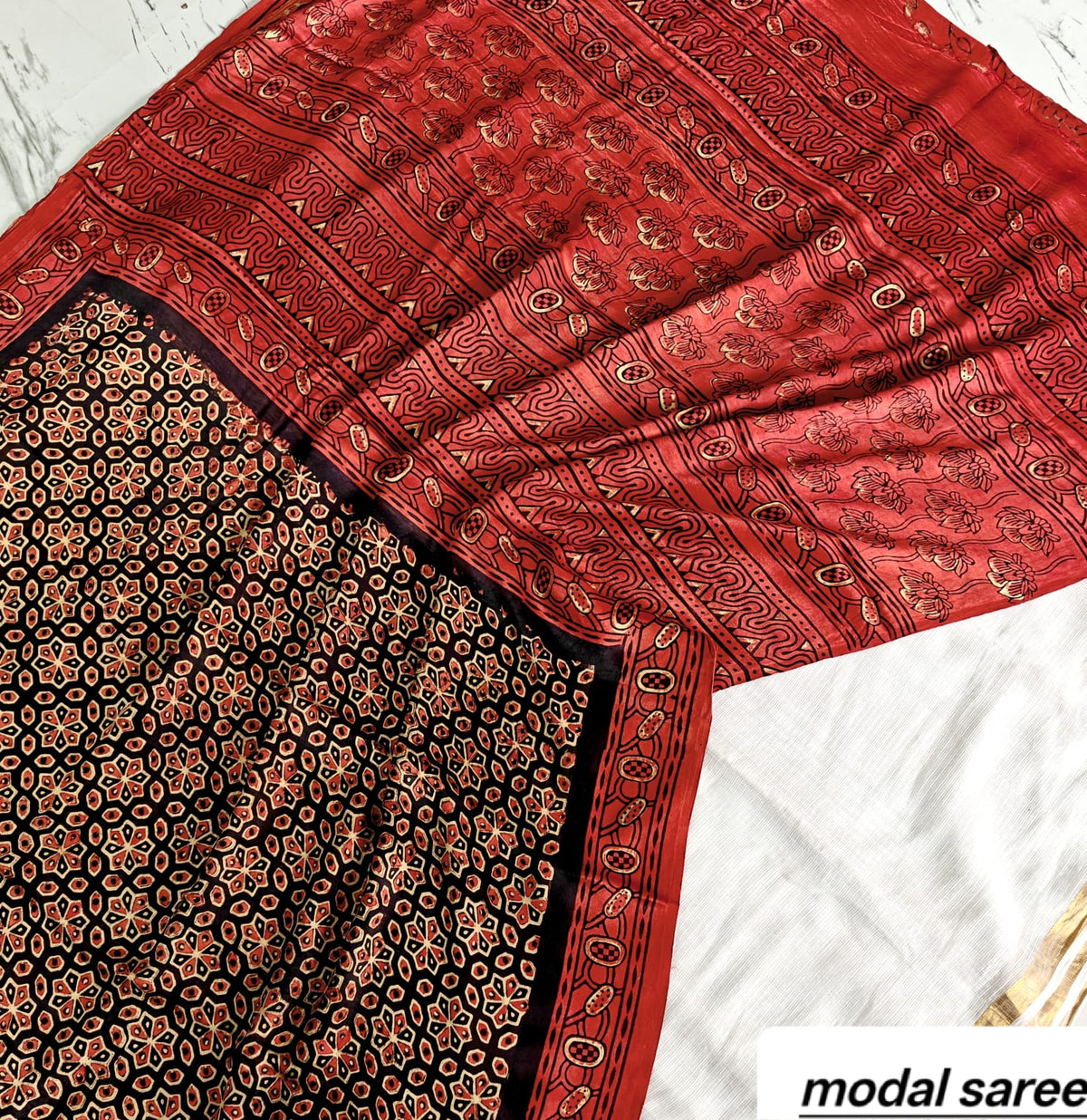Rust Red & Black Small Booti Handblock Print Pure Modal Silk Ajrakh Saree