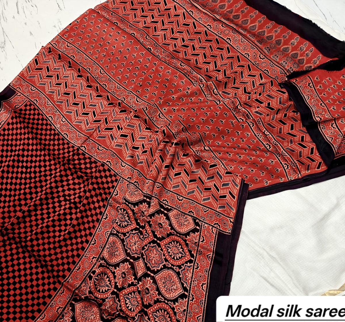 Rust Red & Black Striped Handblock Print Pure Modal Silk Ajrakh Saree