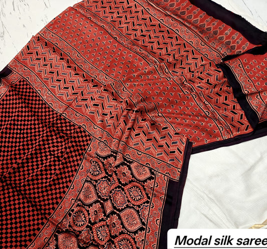 Rust Red & Black Striped Handblock Print Pure Modal Silk Ajrakh Saree