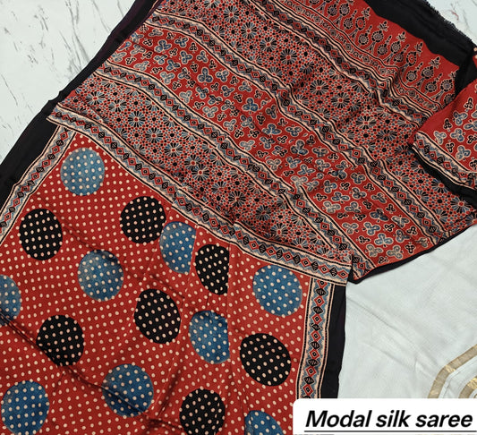 Rust Red & Blue Polka Dot Handblock Print Pure Modal Silk Ajrakh Saree