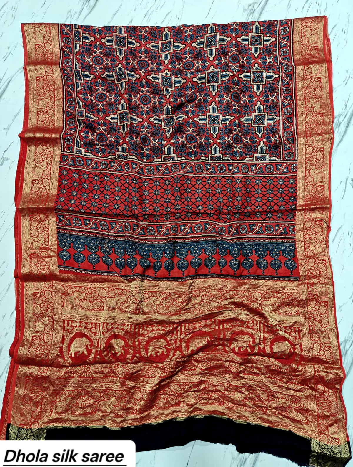 Rust Red & Indigo Geometric Pure Dola Silk Ajrakh Handblock Printed Saree