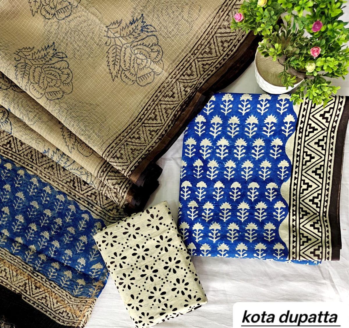 Sapphire Blue and Beige Floral Jaal Traditional Cotton Suit Set with Kota Doria Dupatta (Handblock Printed)