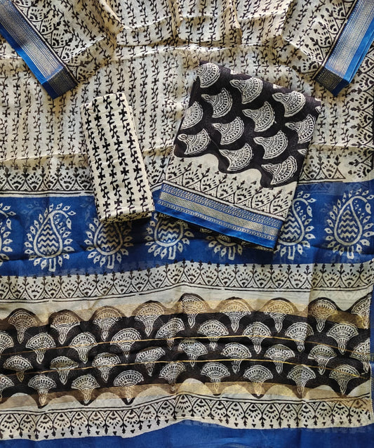 Sapphire Blue and Black Leaf Print Handblock Printed Pure Maheshwari Silk Suit Set with Zari Border